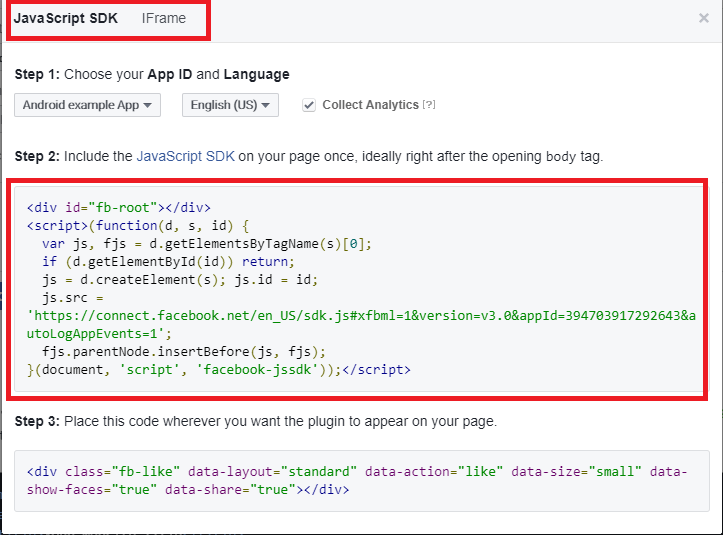 Add facebook like and share button code snippet