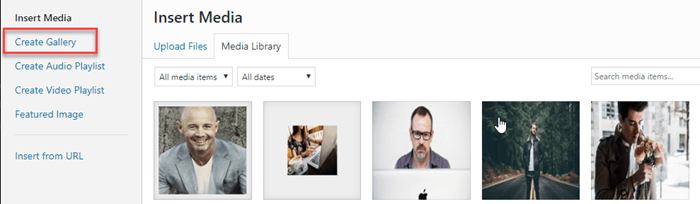 Create gallery for wordpress page option in media